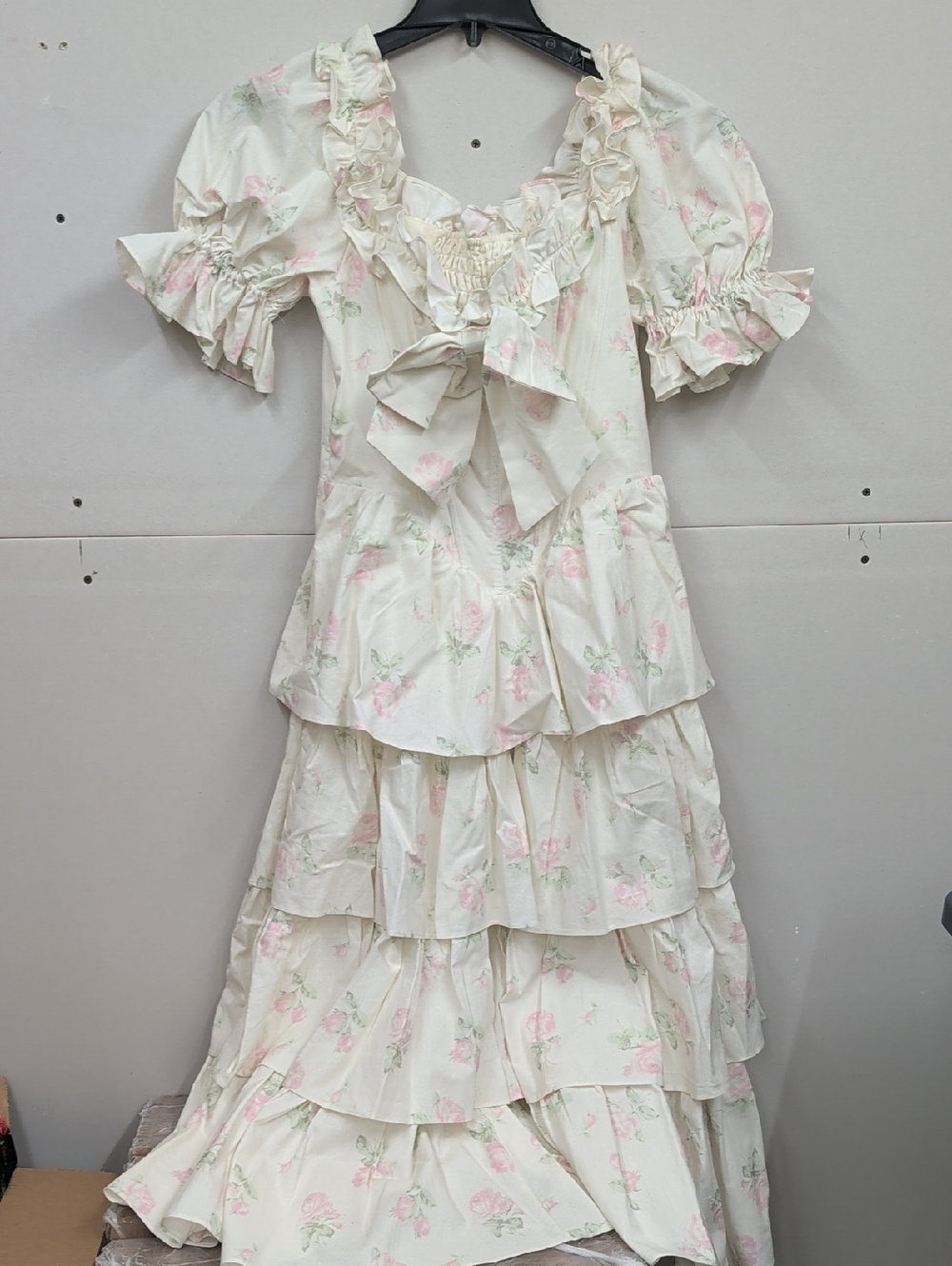 LaceMade Bloom In Coral Island Corset Cream Floral Tiered Puff-Sleeve Dress
